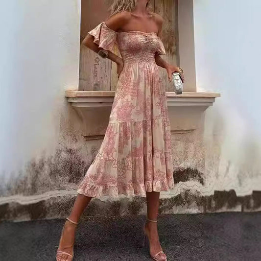 Robe Femme Épaules Dénudées – Coton Mélangé – Manches Volantées – Taille Smockée – Longueur Midi