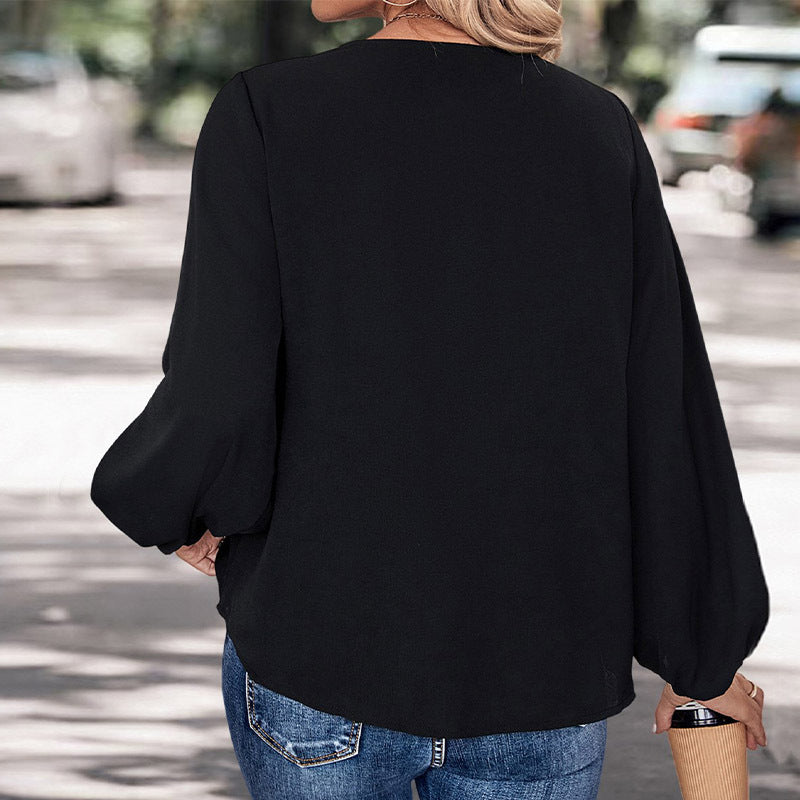 Blouse femme – Coupe décontractée – Col V – Manches bouffantes – Détail léopard