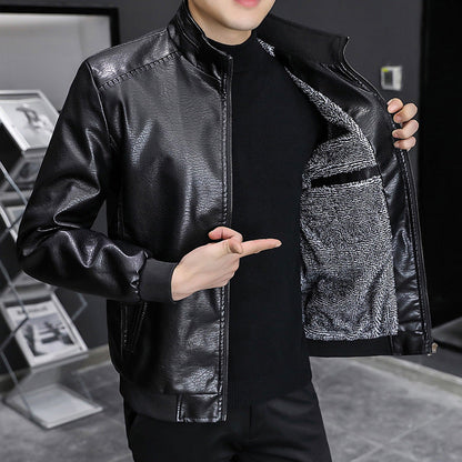 Blouson homme en cuir – Coupe slim – Col montant – Ourlet côtelé – Fermeture zippée
