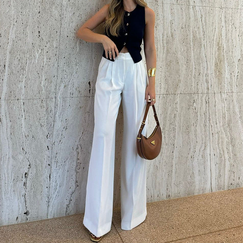 Pantalon large femme – Taille haute – Coupe fluide – Longueur totale – Tissu léger