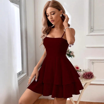 Robe femme mini sans manches – Coupe évasée – Bretelles fines – Dos nu – Jupe à volants