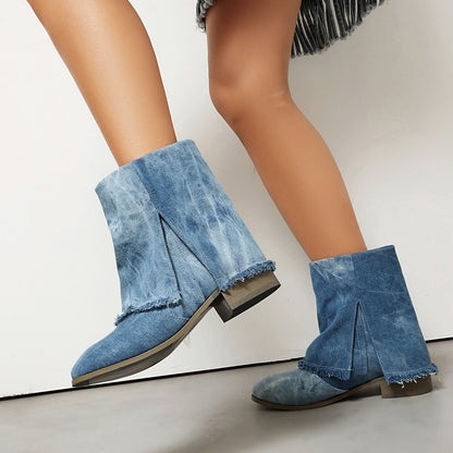 Bottines femme – Coupe décontractée – Talon plat – Tissu effet denim usé – Enfilage facile
