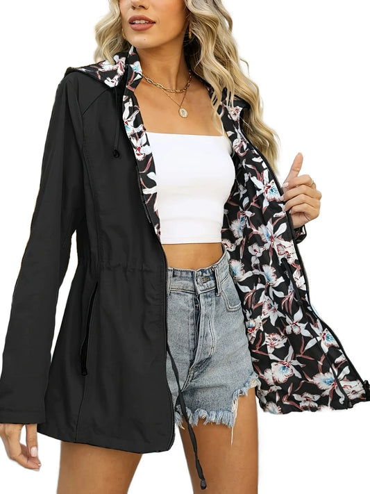 Veste coupe-vent femme – Coupe slim – Imperméable – Capuche – Doublure fleurie