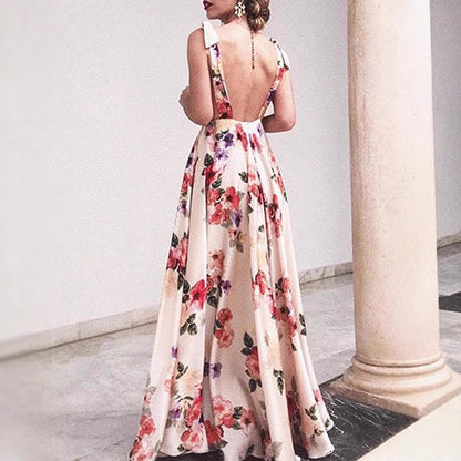 Robe longue femme – Dos nu – Coupe évasée – Bretelles fines – Imprimé fleuri