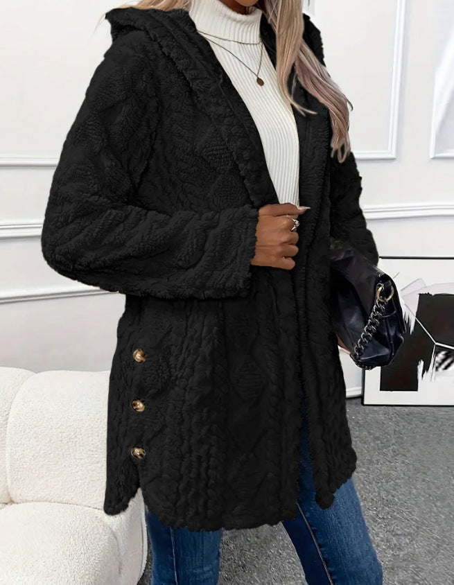 Gilet à capuche femme – Coupe ample décontractée – Boutons devant – Effet polaire