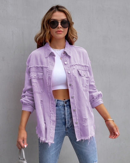 Veste en jean femme – Coupe oversize – Délavage effet usé – Longueur mi-hanches