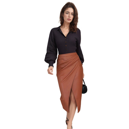 Jupe crayon femme – Similicuir drapé – Coupe slim – Fente frontale – Longueur midi