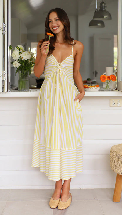 Robe midi femme – Bretelles fines – Rayures verticales – Nœud devant – Coupe fluide