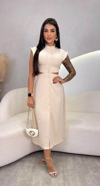 Robe midi femme – Coupe slim – Sans manches – Taille ajourée – Col montant – Boutonnée