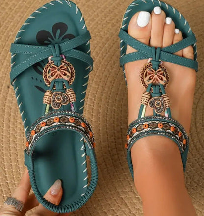 Sandales plates femme – Style tongs – Détail perlé bohème – Semelle coussinée