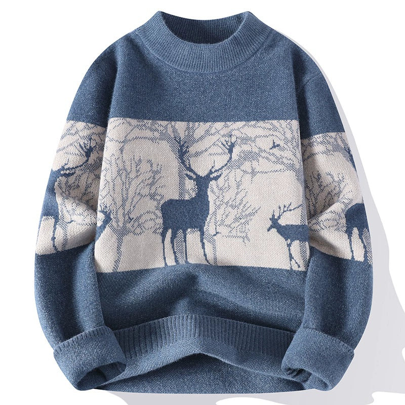 Homme Pull - Laine Mélangée - Col Montant - Motif Cerf - Manches Longues