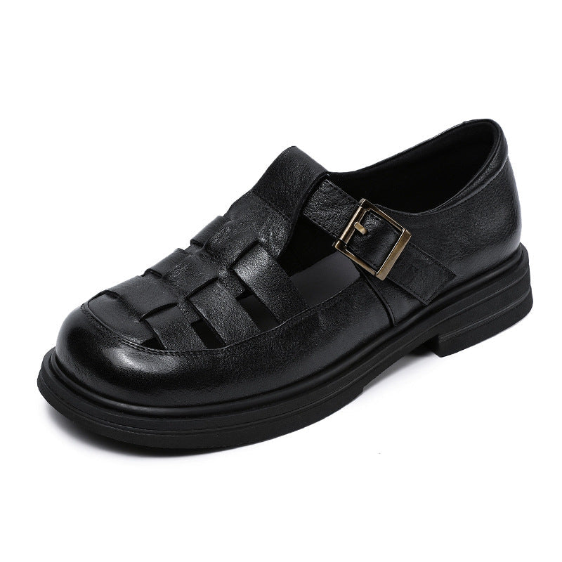 Sandales femme – Cuir véritable – Design ajouré – Semelle plate confortable