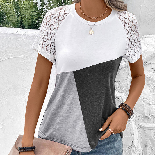 T-shirt femme – Coupe décontractée – Manches en dentelle – Motif géométrique – Col rond