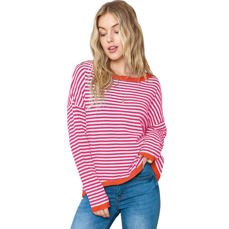 Women’s Sweater – Relaxed Fit – Knitted Stripe Pullover – Drop Shoulder – Casual Style