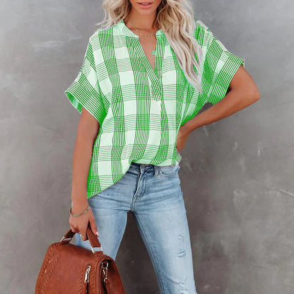 Blouse femme – Coupe décontractée – Motif à carreaux – Manches courtes – Coton respirant