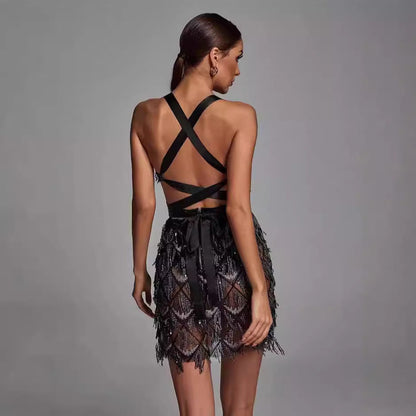 Robe midi femme – Coupe ajustée – Décolleté plongeant – Sequins et franges élégantes