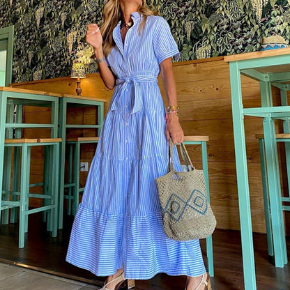 Robe midi femme – Coupe décontractée – Rayures – Ceinture – Tissu respirant