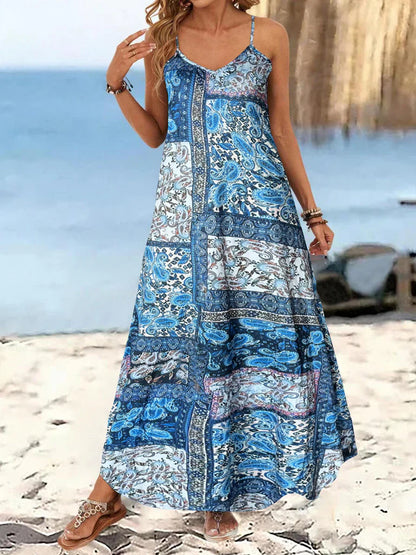 Robe longue femme – Coupe fluide – Bretelles fines – Imprimé floral – Tissu coton