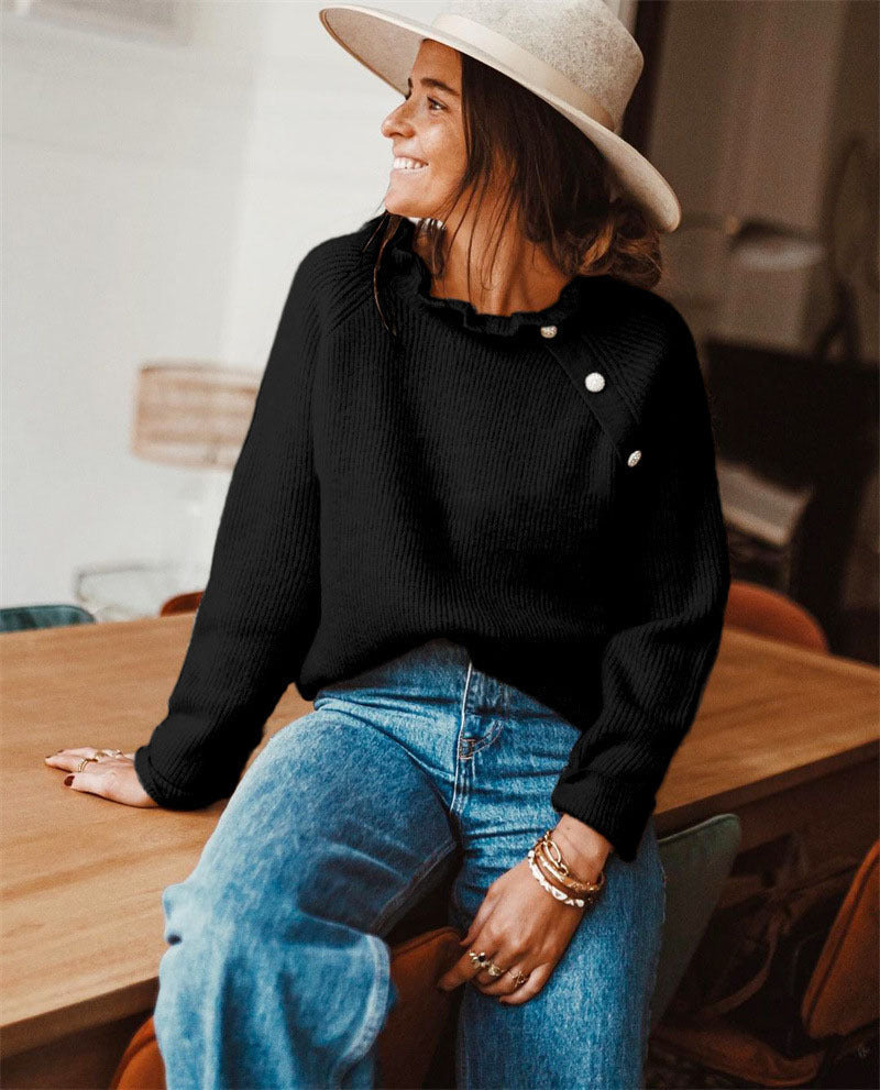 Pull femme – Tricoté – Coupe décontractée – Col volanté – Boutons décoratifs