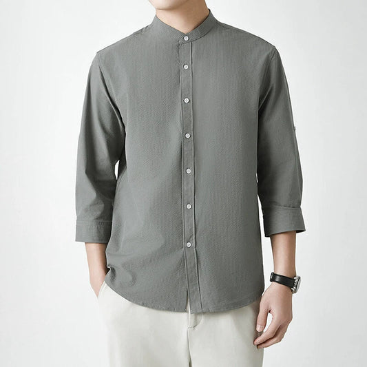 Homme Chemise - Tissu Tissé Texturé - Col Montant - Manches Trois-Quarts