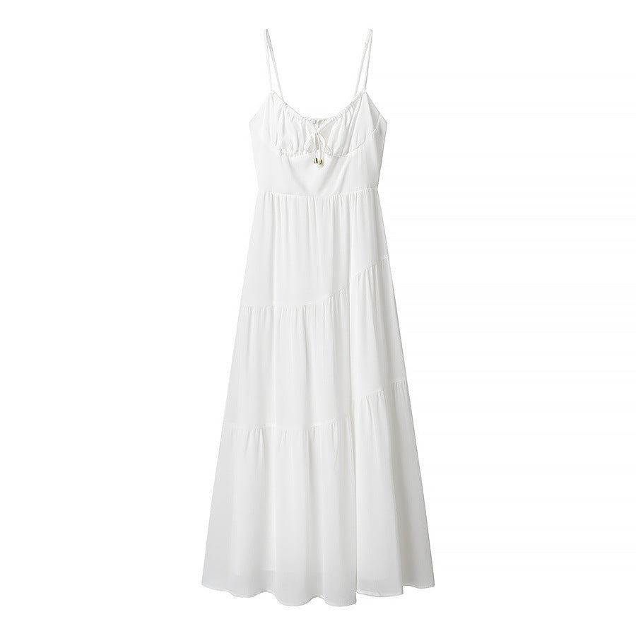 Robe longue femme – Bretelles fines – Dos nu – Coupe fluide – Tissu léger à volants