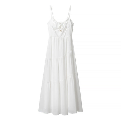 Robe longue femme – Bretelles fines – Dos nu – Coupe fluide – Tissu léger à volants