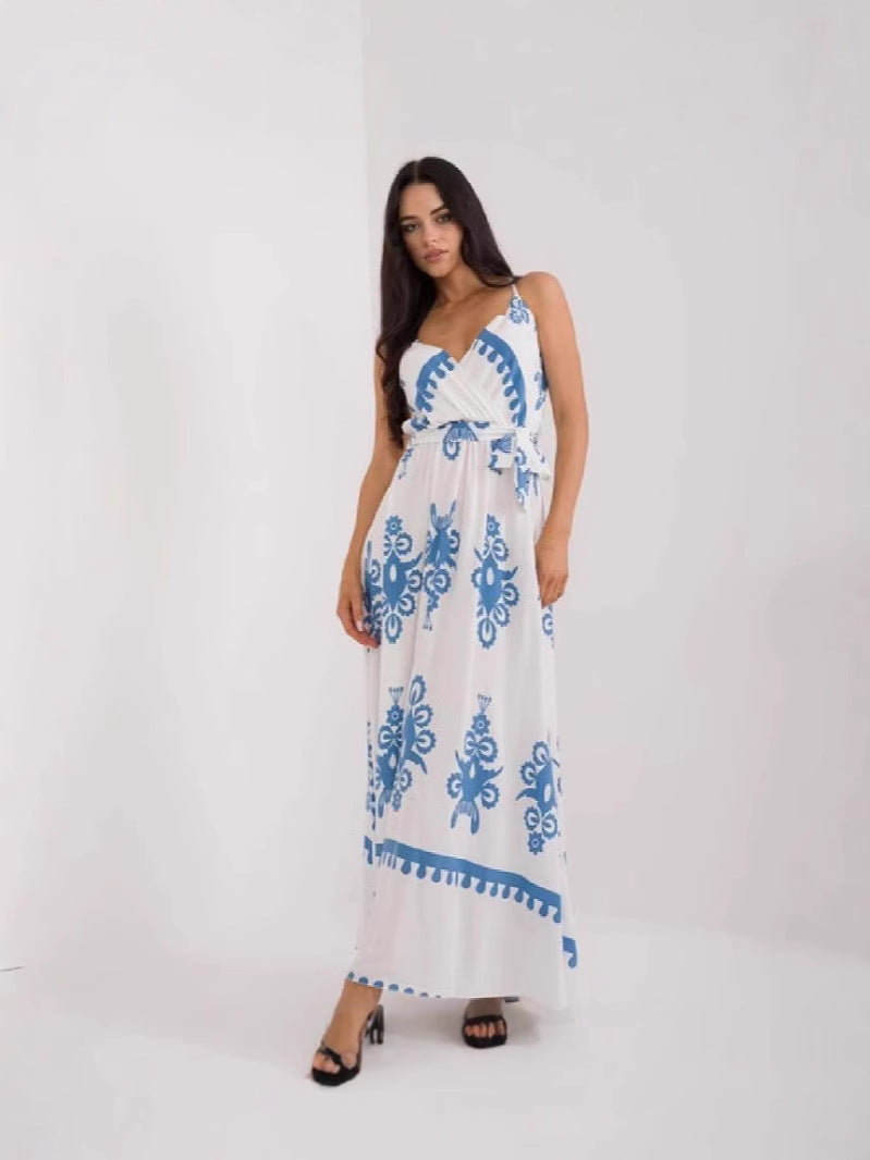 Robe longue femme – Coton léger – Sans manches – Col en V – Taille empire – Imprimée