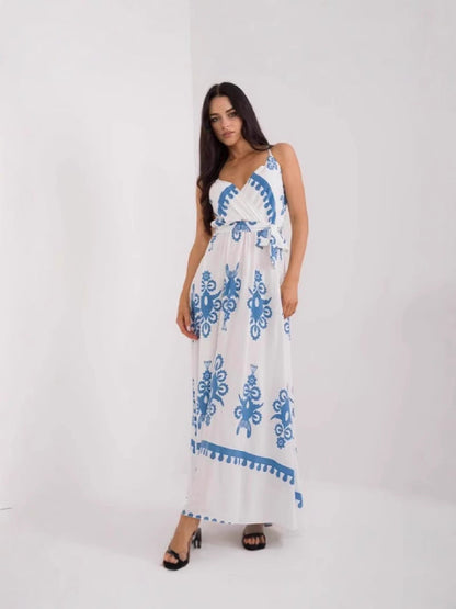 Robe longue femme – Coton léger – Sans manches – Col en V – Taille empire – Imprimée