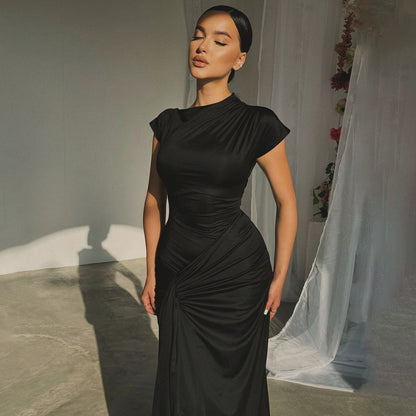 Robe longue femme – Coupe ajustée – Taille drapée – Manches courtes élégantes