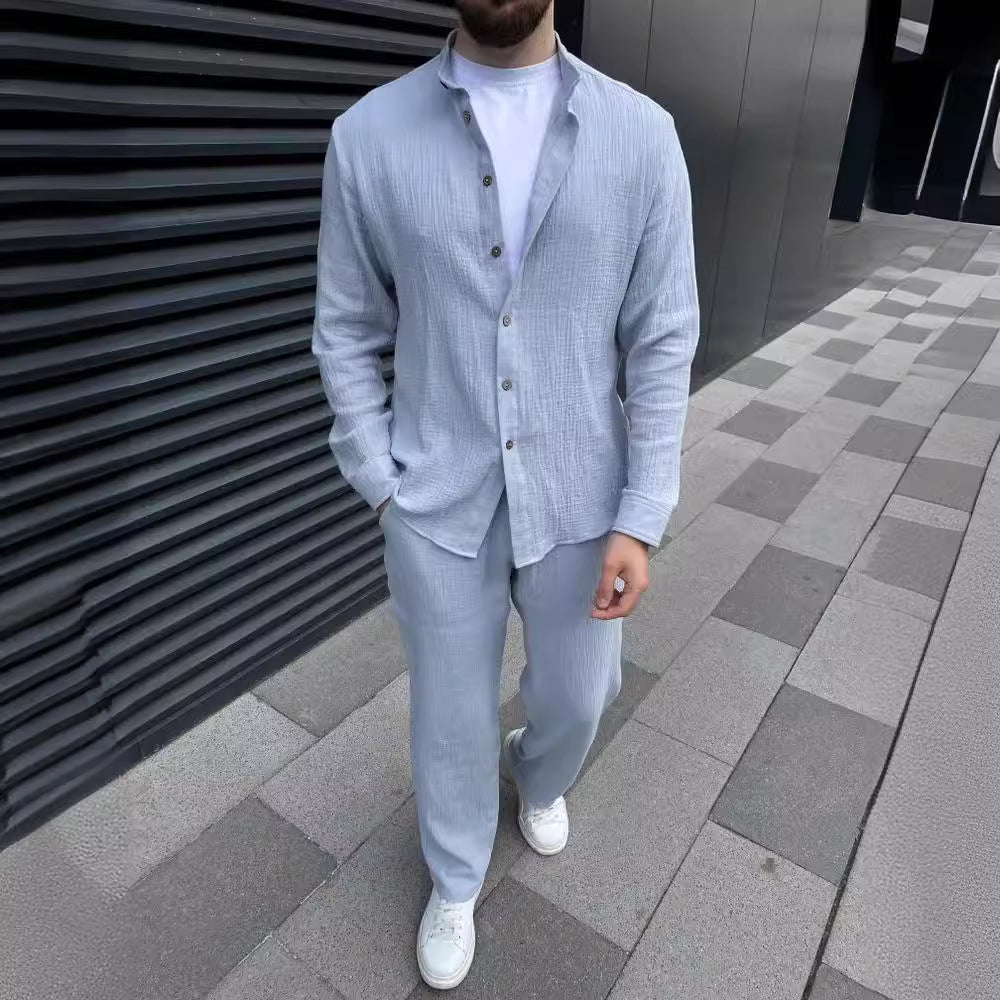 Tenue homme – Ensemble linnen coupe décontractée – Chemise boutonnée et pantalon droit