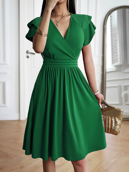 Robe midi femme – Décolleté cache-cœur – Manches papillon – Coupe évasée fluide