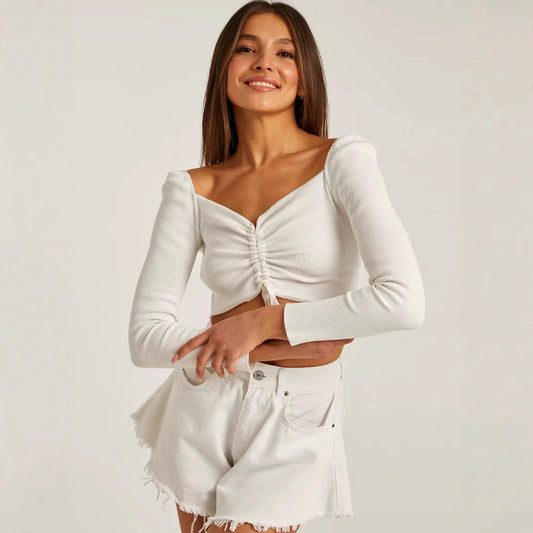 Haut court femme – Coupe ajustée – Nœud devant – Col en V – Manches longues côtes