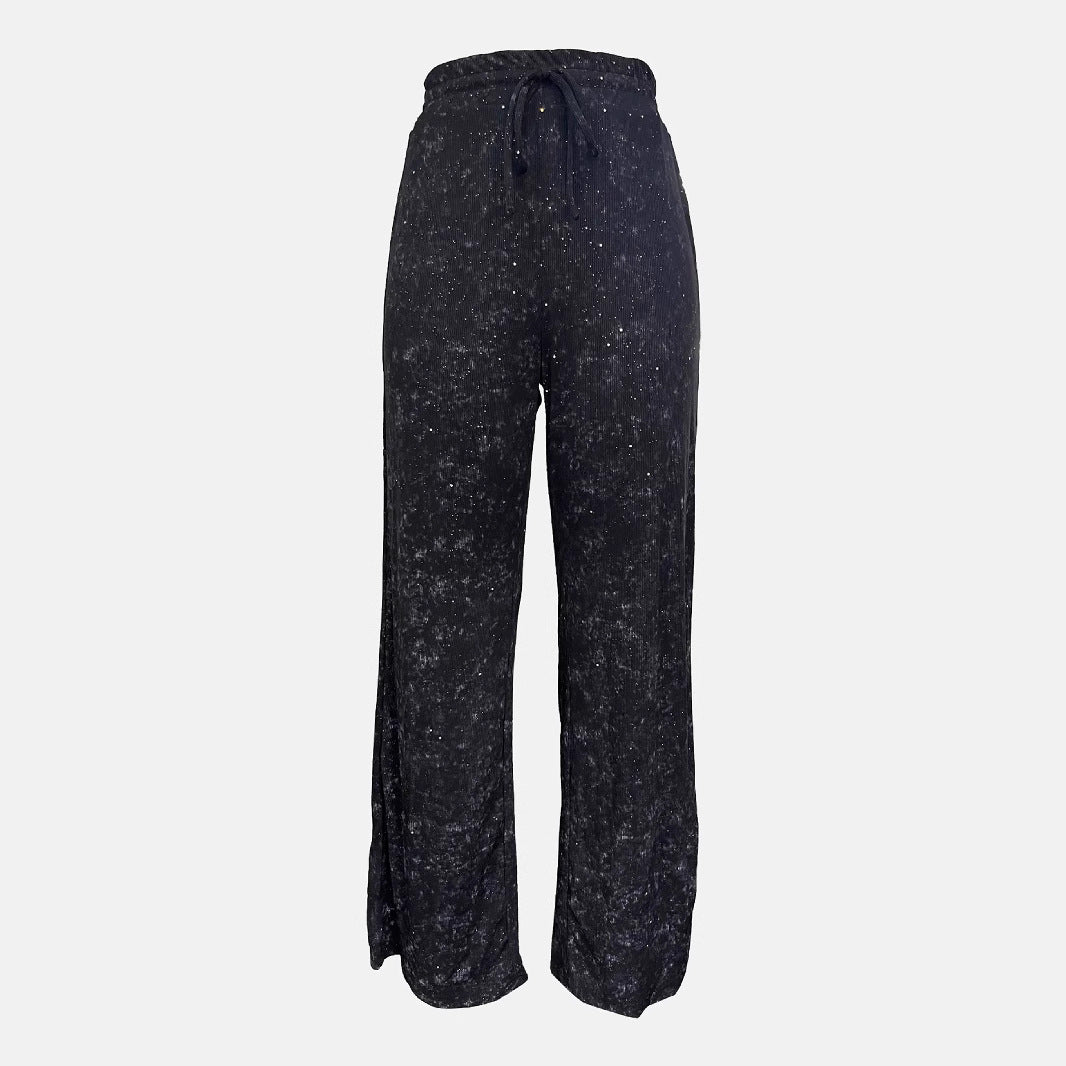 Pantalon large femme – Taille haute – Finition pailletée – Ceinture élastique