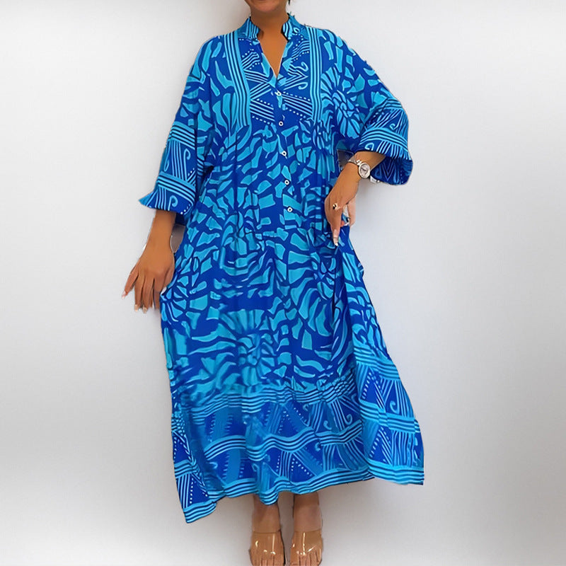 Robe midi femme – Coupe ample – Tissu léger – Imprimé – Manches retroussables