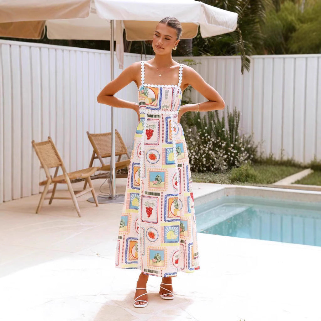 Robe longue femme – Lin mélangé – Imprimé géométrique – Bretelles dentelle – Coupe fluide