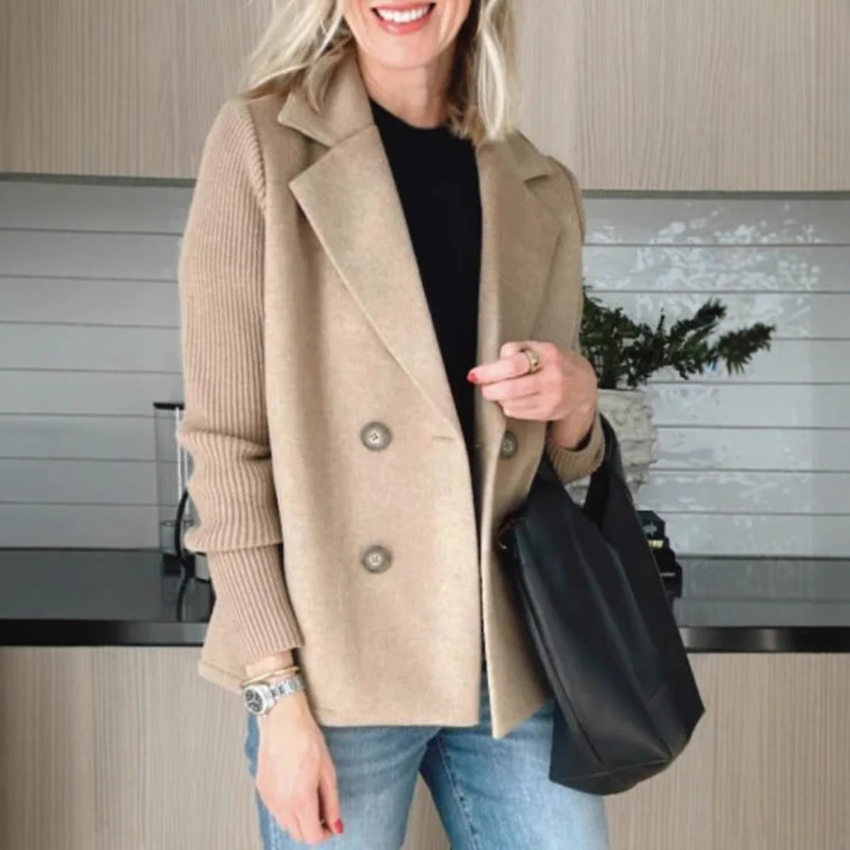 Veste blazer femme – Coupe oversize – Double boutonnage – Manches en maille côtelée