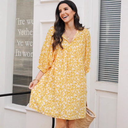 Robe midi femme – Tissu léger – Coupe décontractée – Manches lanterne – Imprimé bohème