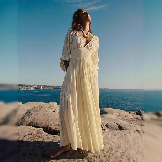 Robe longue femme – Coupe bohème – Col en V – Taille empire – Manches amples fluides