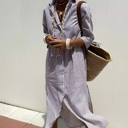 Robe chemise femme – Coupe décontractée – Coton léger – Manches longues – Boutonnée