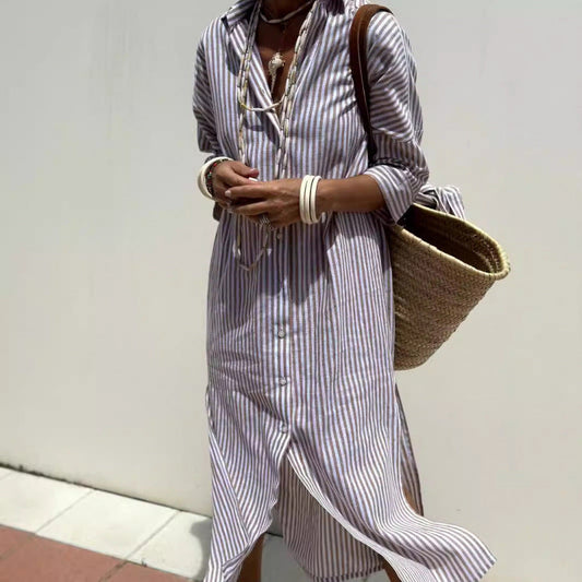 Robe chemise femme – Coupe décontractée – Coton léger – Manches longues – Boutonnée