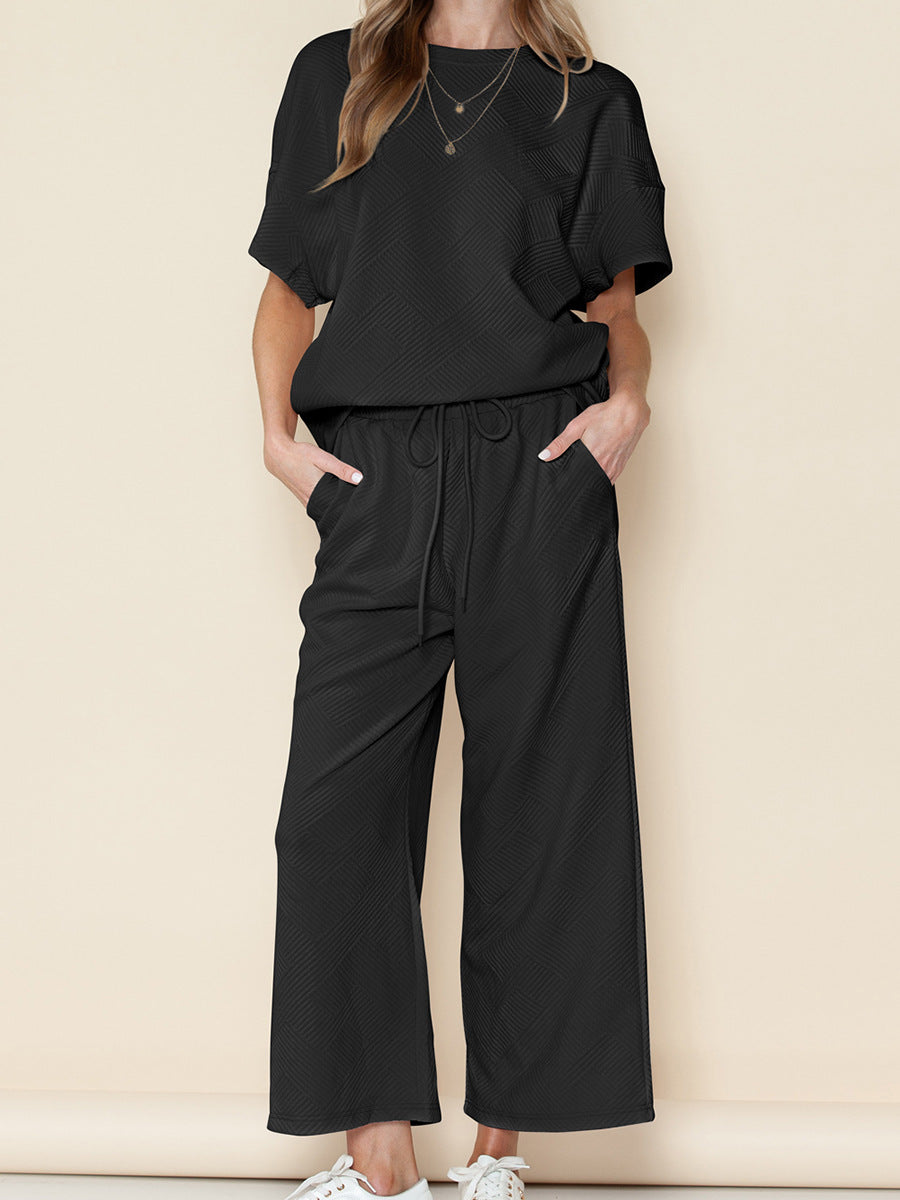 Ensemble Femme Décontracté – Tissu Texturé Léger – Coupe Ample – Taille Cordon Ajustable