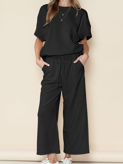Ensemble Femme Décontracté – Tissu Texturé Léger – Coupe Ample – Taille Cordon Ajustable