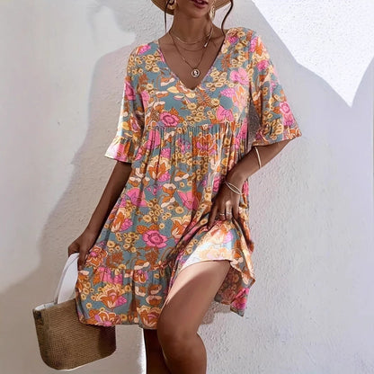 Robe femme fluide – Coton – Imprimé fleuri – Manches 3/4 à volants – Col V