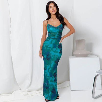 Robe sans manches femme – Coupe slim – Col bénitier – Dos nu – Imprimé fleuri – Longue