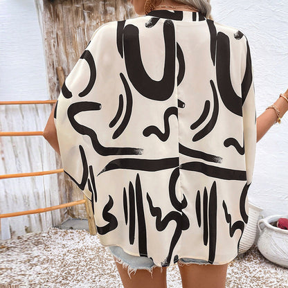 Blouse Femme – Coupe Ample – Manches Chauve-Souris – Col V – Imprimé Géométrique