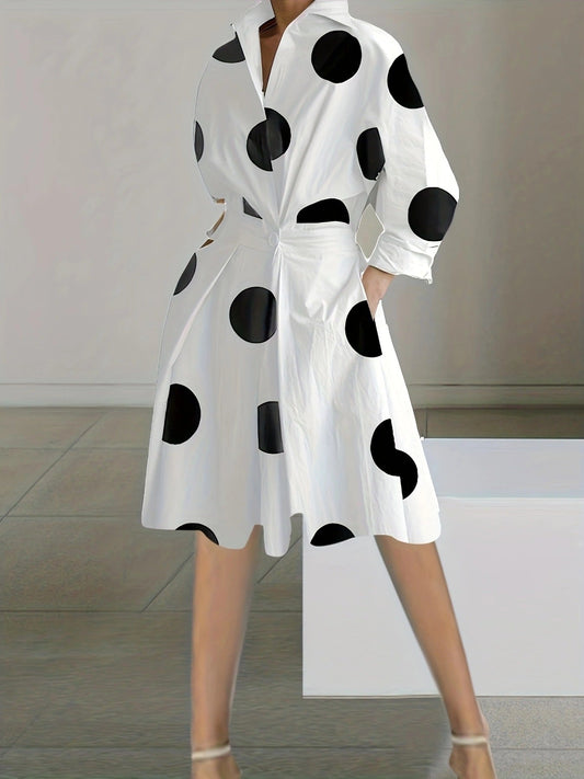 Robe mi-longue femme – Coupe fluide – Col en V – Manches longues – Motif à pois