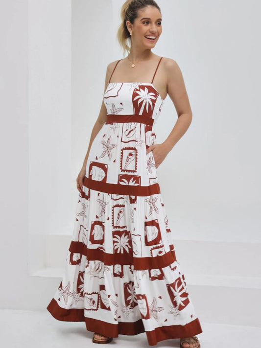 Robe longue femme – Coupe évasée fluide – Bretelles fines – Tissu léger à volants