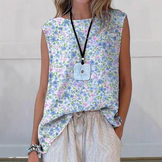 Top sans manches femme – Coupe ample – Imprimé floral – Tissu respirant doux