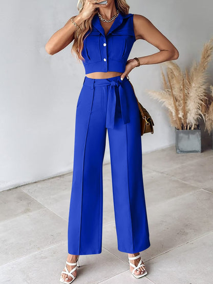 Ensemble Femme – Top Court Sans Manches à Col Boutonné – Pantalon Large Taille Haute Ceinturé