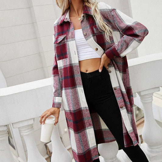 Veste Surchemise Femme – Coupe Oversize – Motif à Carreaux – Col à Revers – Longueur Mi-Cuisse